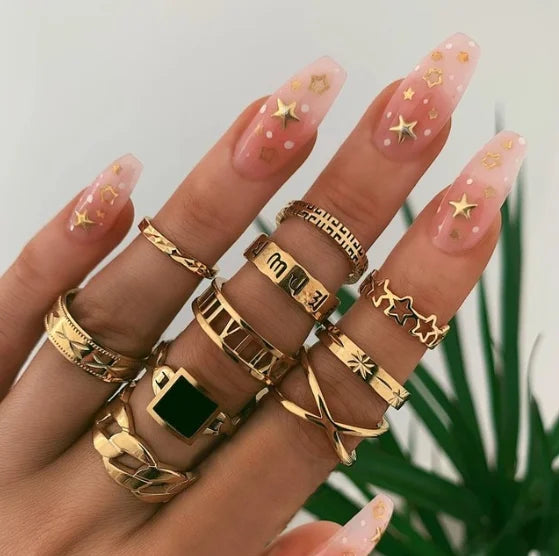 Tocona 15-Piece Gold-Tone Boho Ring Set