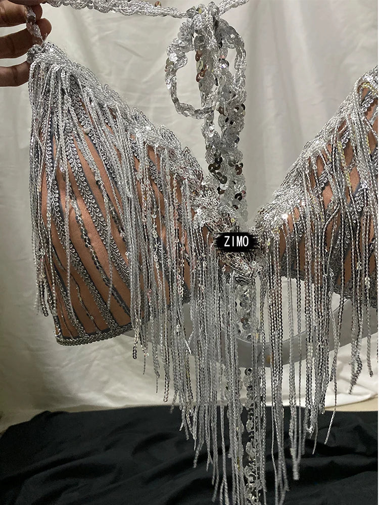 Silver Sequin Tassel Halter Bra & Shorts Stage Performance Set