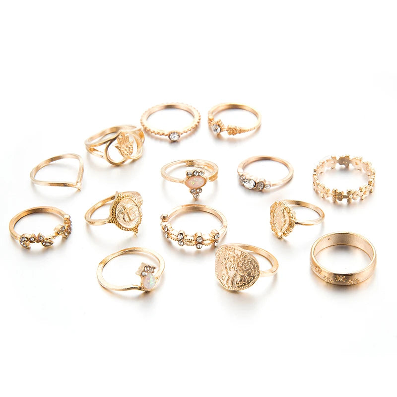 Tocona 15-Piece Gold-Tone Boho Ring Set