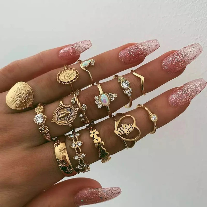 Tocona 15-Piece Gold-Tone Boho Ring Set
