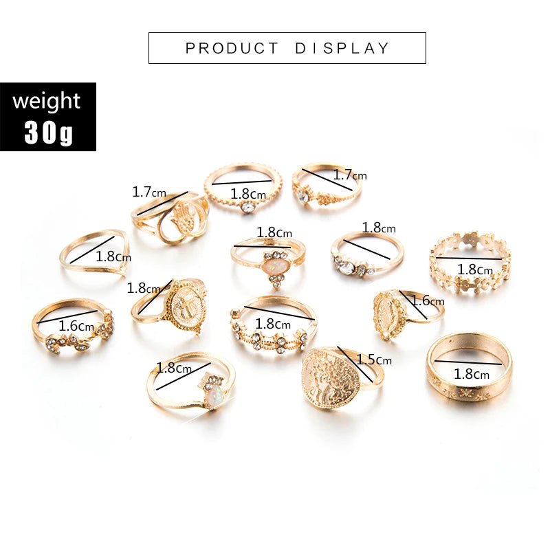 Tocona 15-Piece Gold-Tone Boho Ring Set