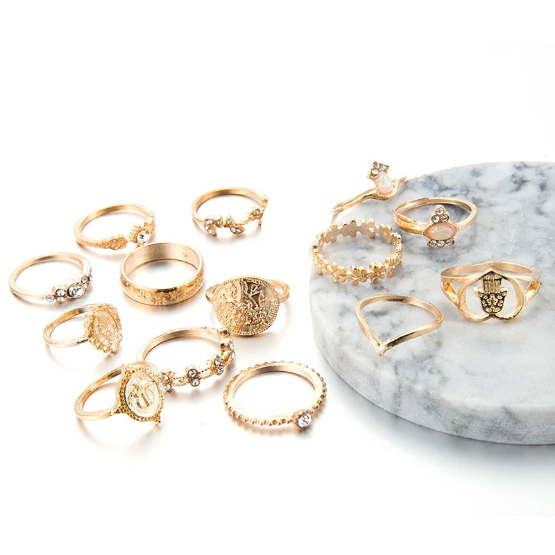 Tocona 15-Piece Gold-Tone Boho Ring Set