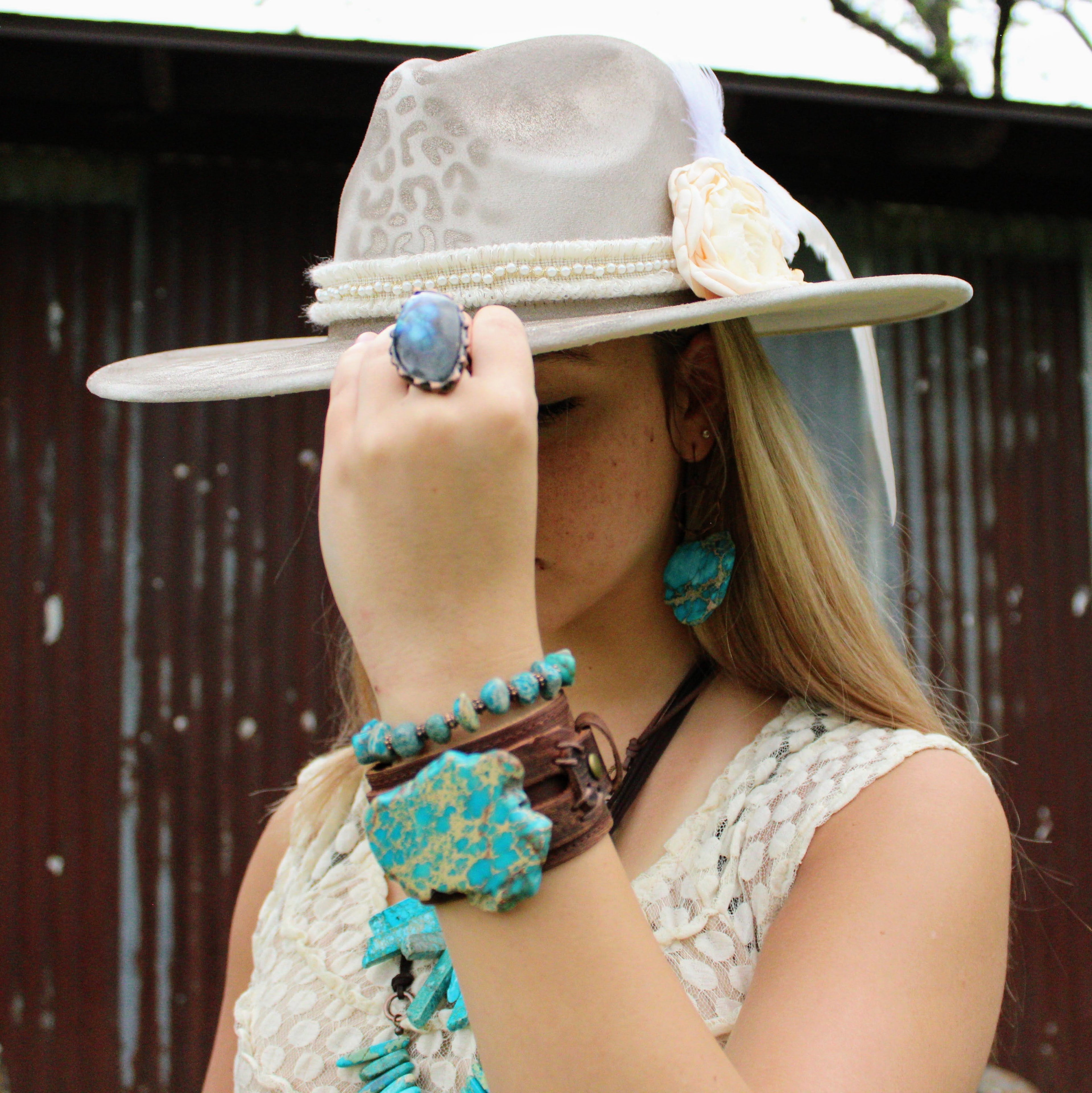 Hand-Painted Leopard Boho Western Cowgirl Hat & Band Gold 987b