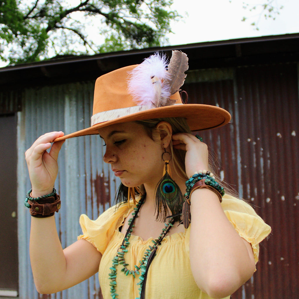 Mustard Deer Skin Leather Tassel Earring Peacock Feather 219i
