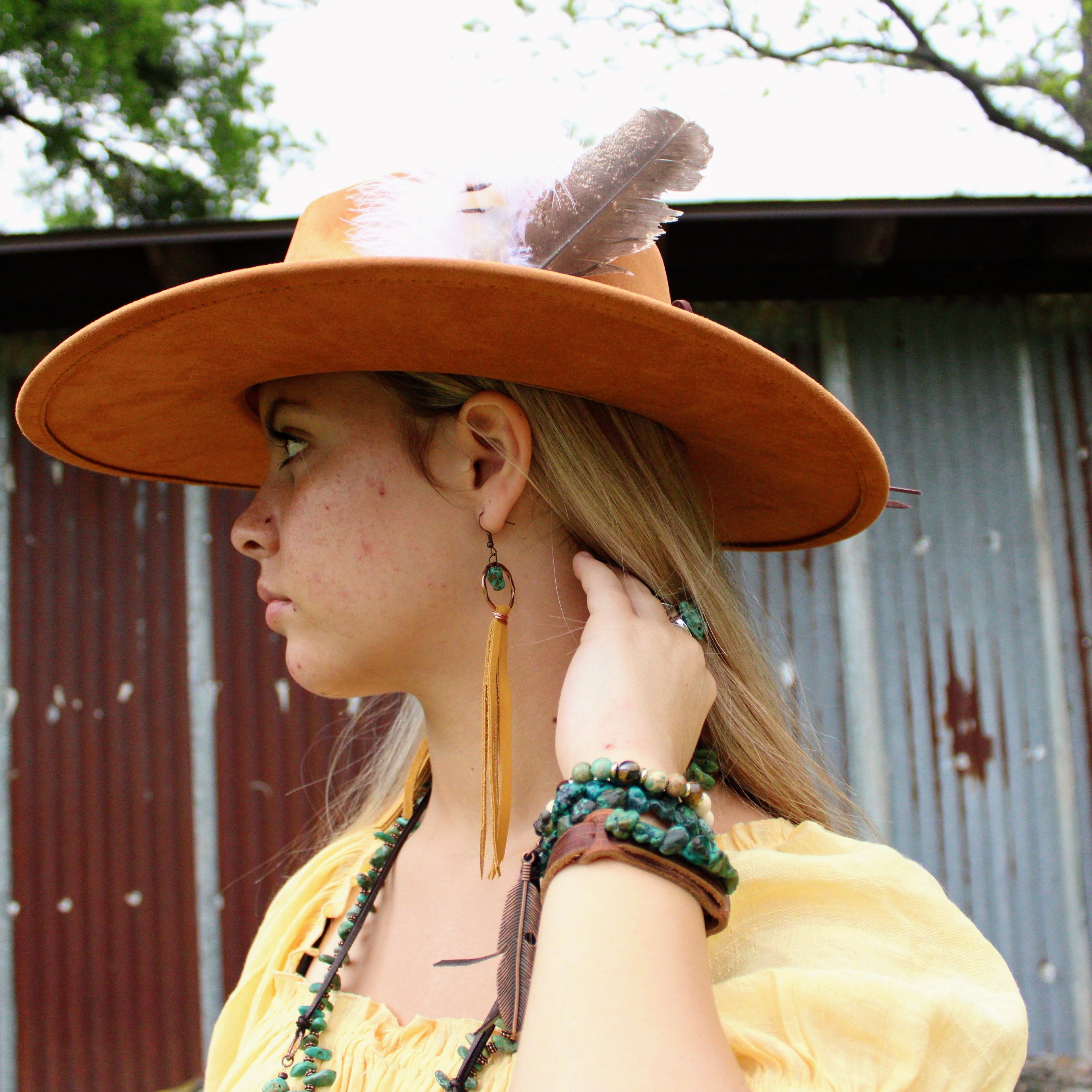 Turquoise Drop Earrings with Leather Tassel-Mustard 206f