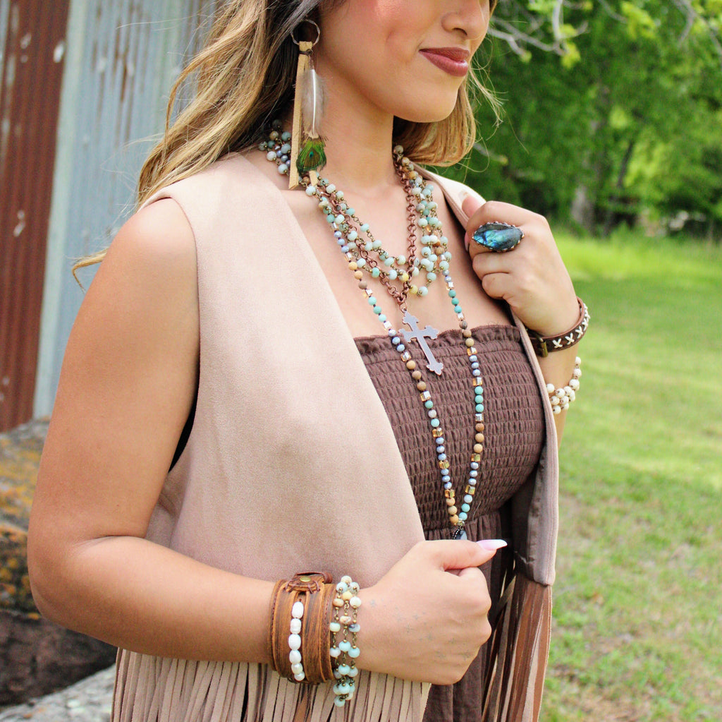 Bone Deer Skin Leather Tassel Earring Peacock Feather 219k