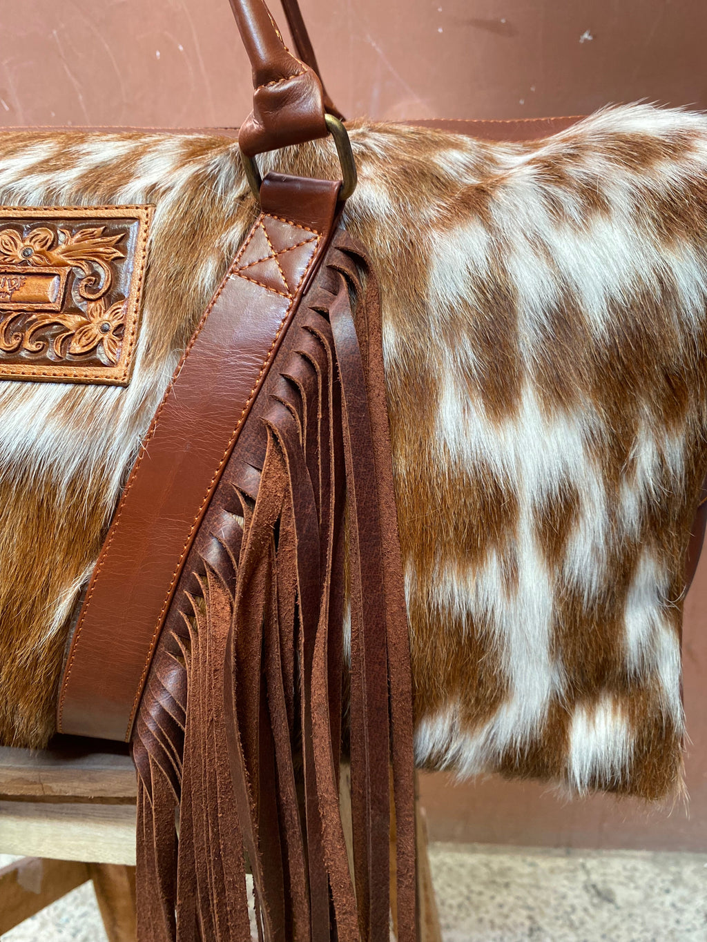 Cowhide Western Duffle Bag With Fringe