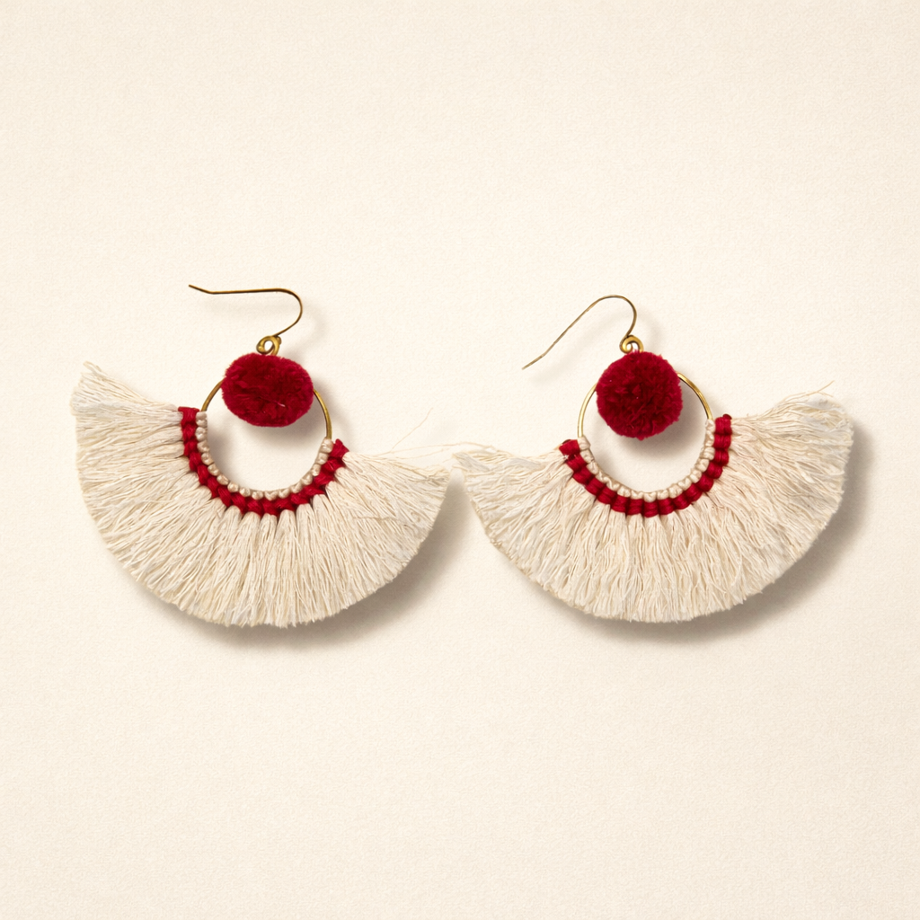 Half Moon Tassel Earrings Boho Cotton Fringe Earrings Fair Trade - Thailand