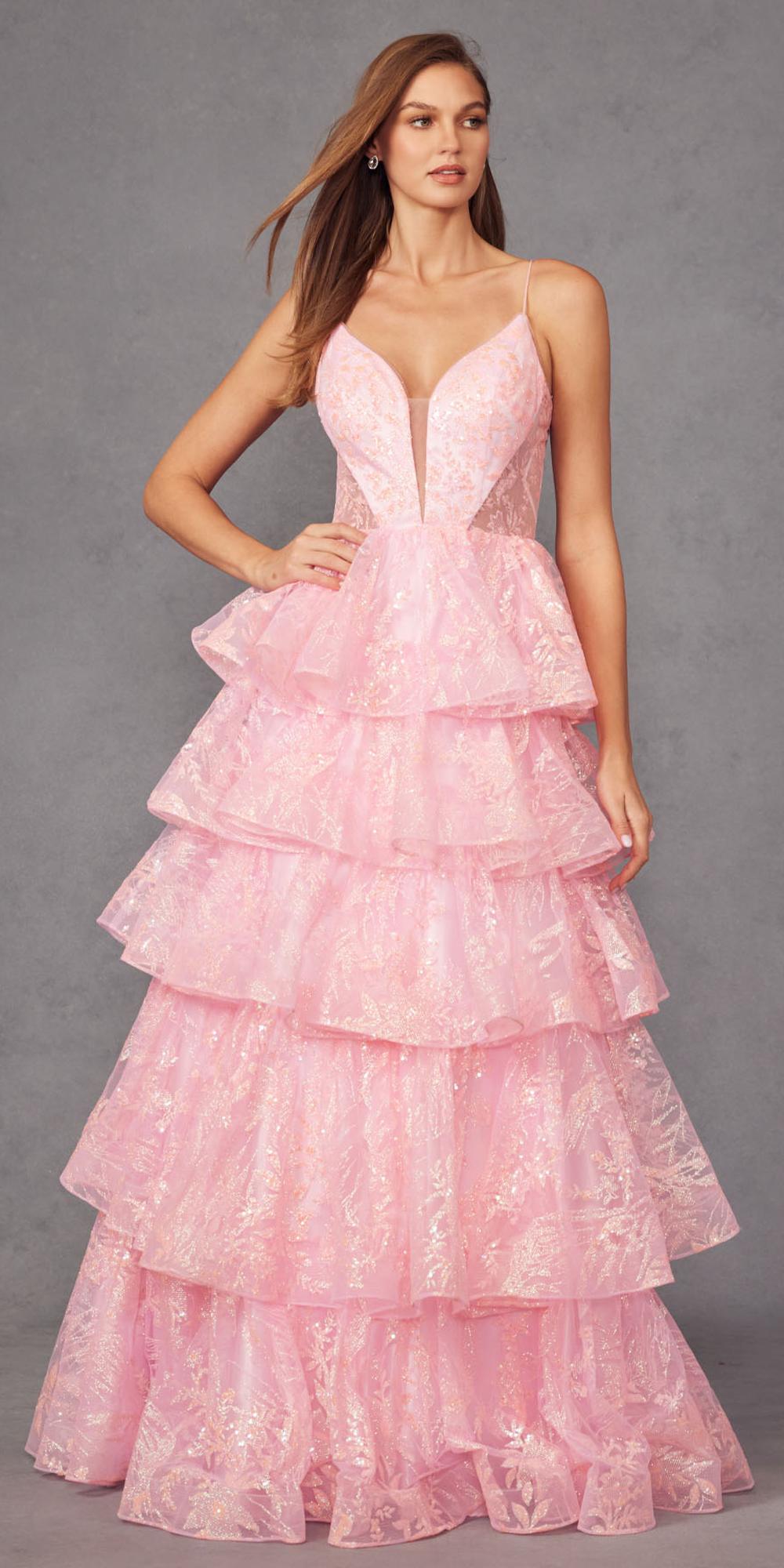 Juliet JT2438K Long Glitter Print Layered Tiered A-Line Gown