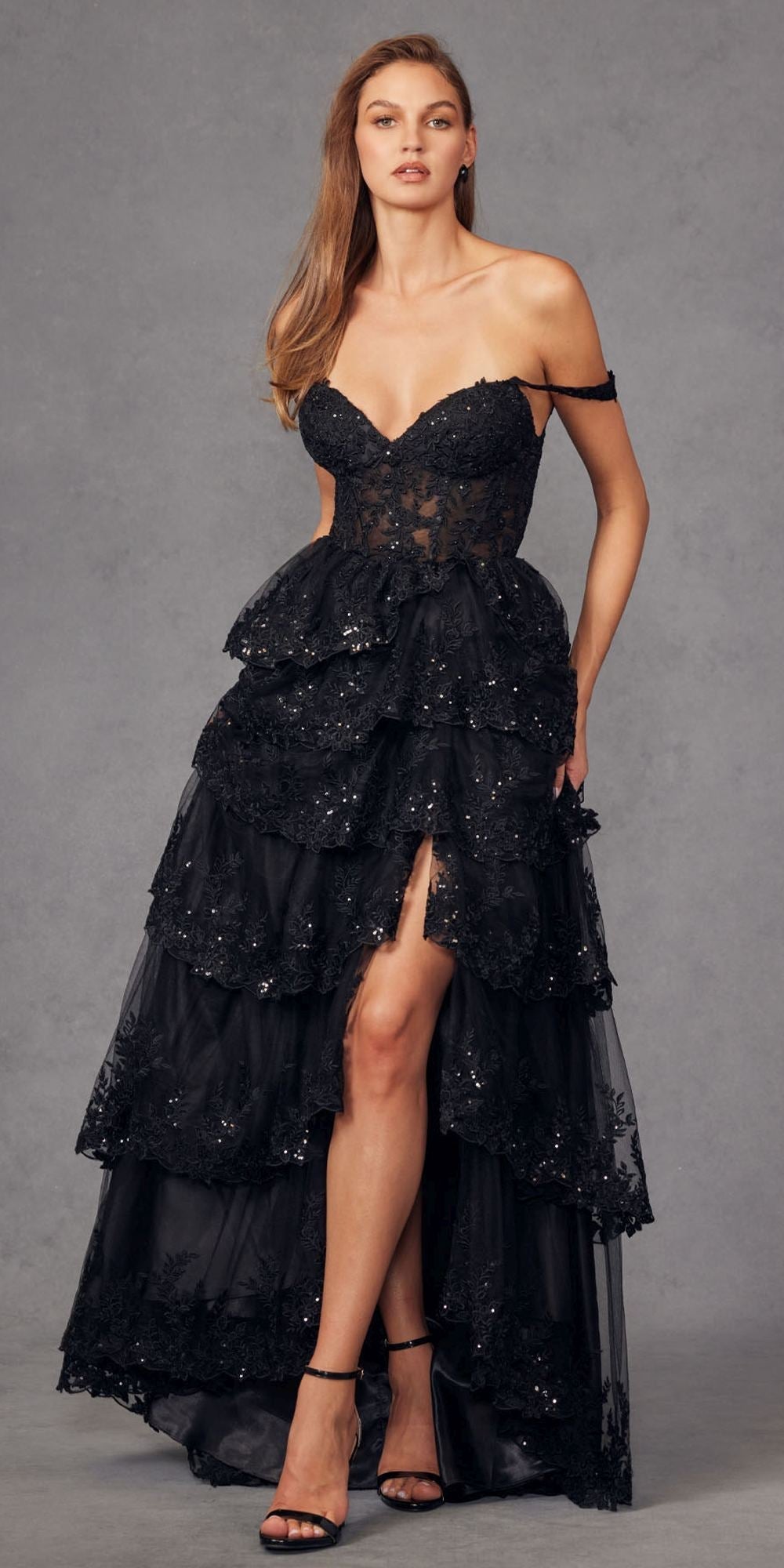 Juliet JT2463A Long Tiered Ruffled Skirt A-Line Boned Bodice Dress