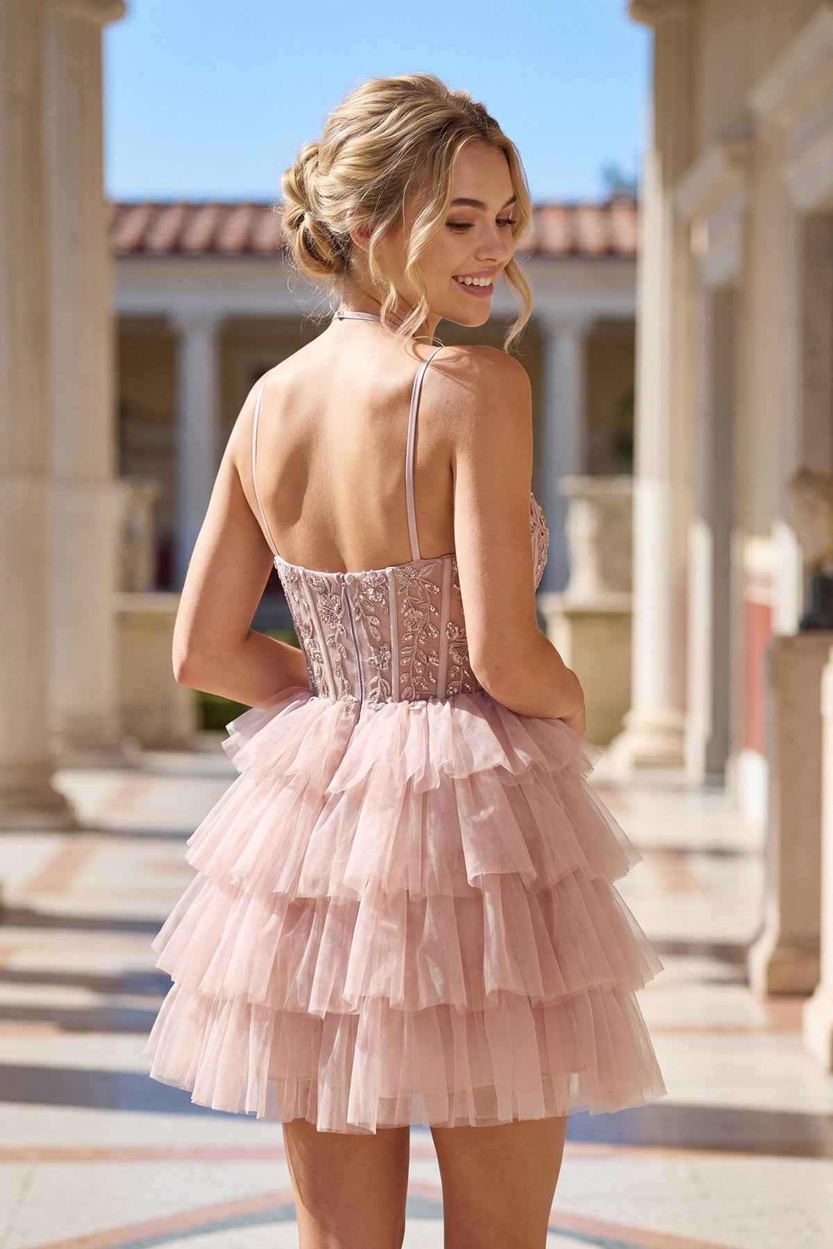 Juliet JT923S Leaf Lace Corset Ruffle Tulle Short Dress