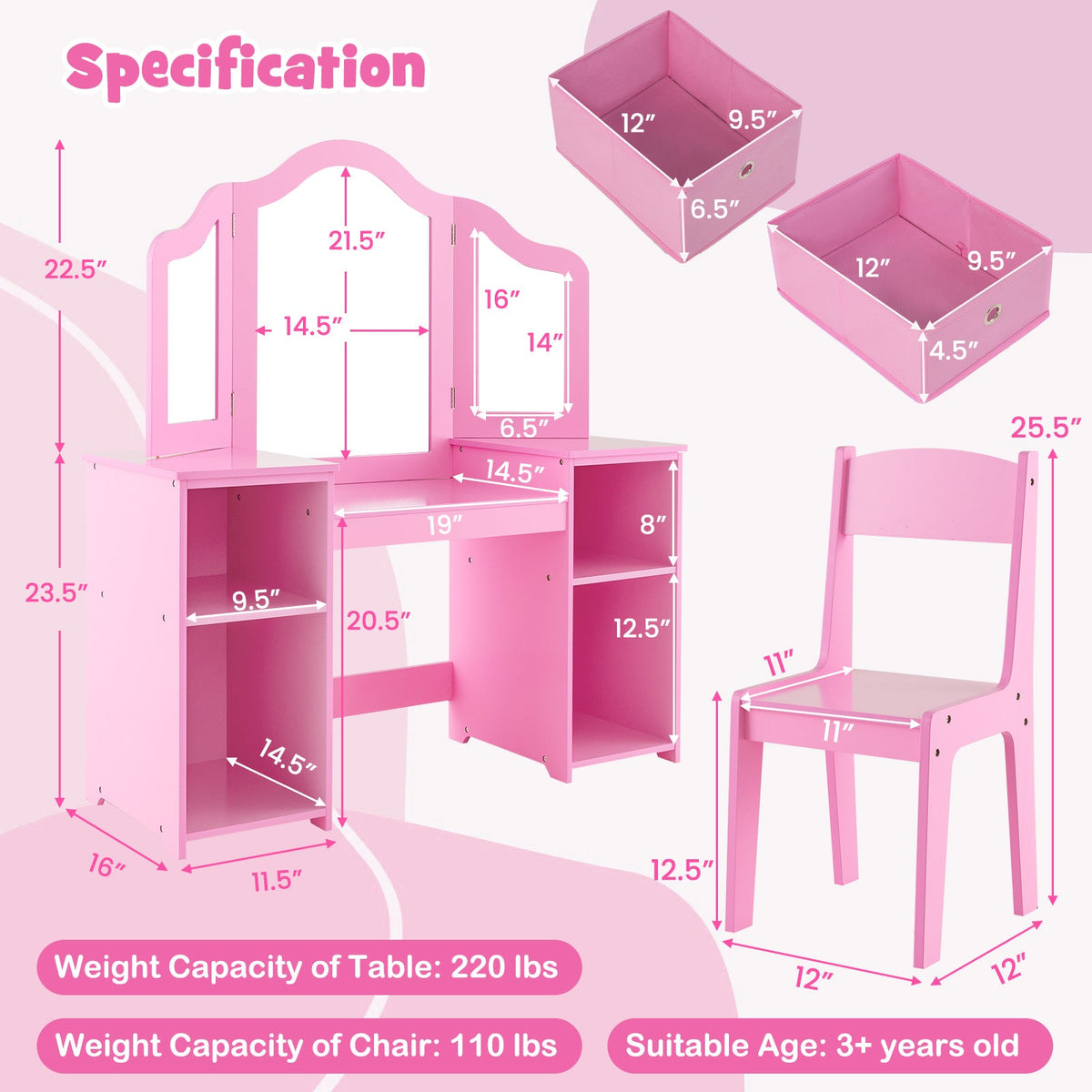 Kids Vanity Table and Chair Set with Removable Mirrors and 4 Storage Bins