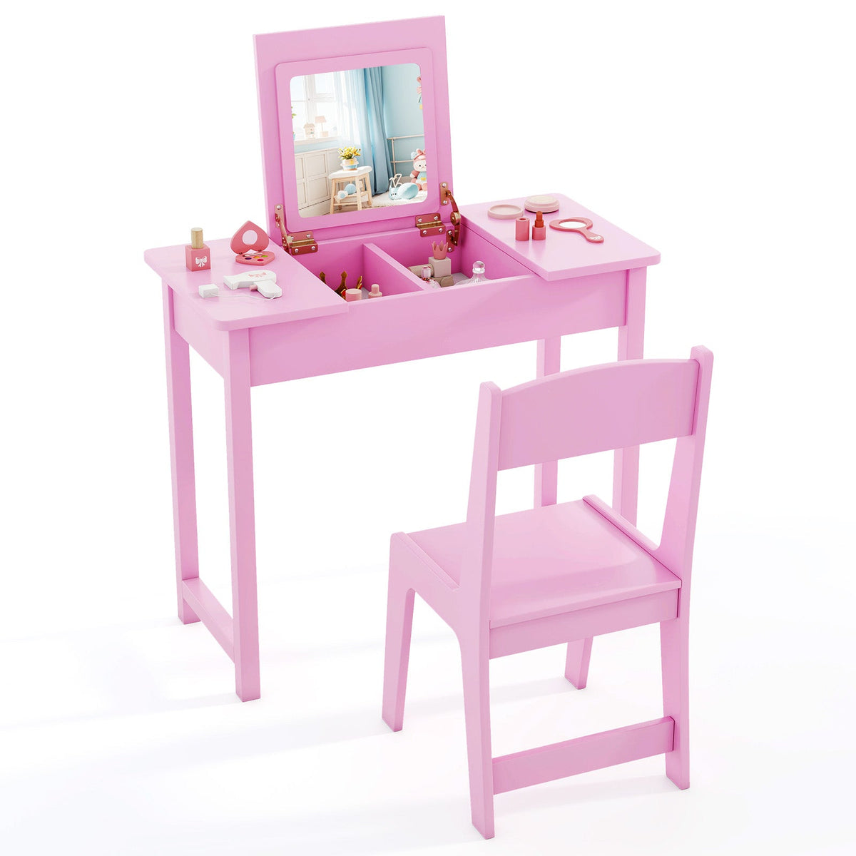 2-in-1 Kids Vanity Makeup Table and Chair Set with Flip Top Mirror