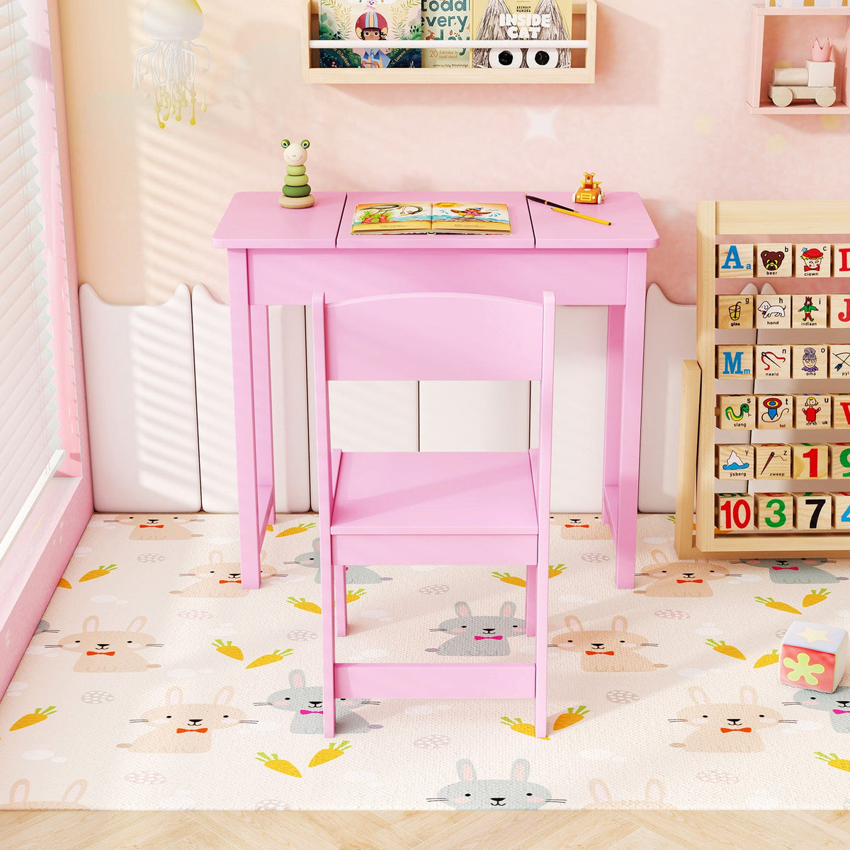 2-in-1 Kids Vanity Makeup Table and Chair Set with Flip Top Mirror