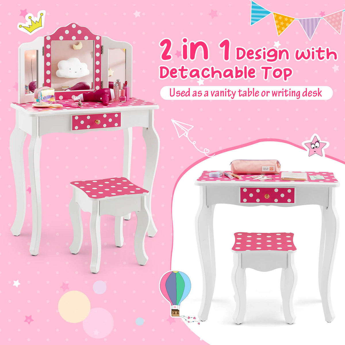 Kids Vanity Table and Stool Set with Cute Polka Dot Print-Pink