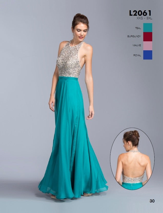 CLEARANCE - Aspeed L2061 A-line Long Formal Dress Halter Open-Back (Size XXS)