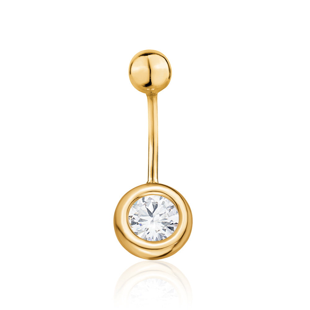 Belly Ring 14k Yellow Gold Navel Ring Belly Button Ring Bezel Set Simulated Diamond Body Piercing 16 Gauge