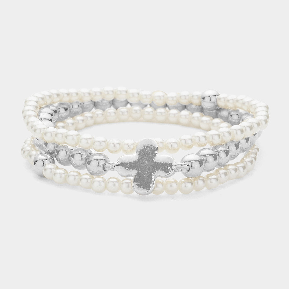 3PCS - Quatrefoil Pointed Pearl Stretch Multi Layered Bracelets
