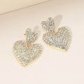 Gold Dipped Rhinestone Pave Double Heart Link Drop Earrings