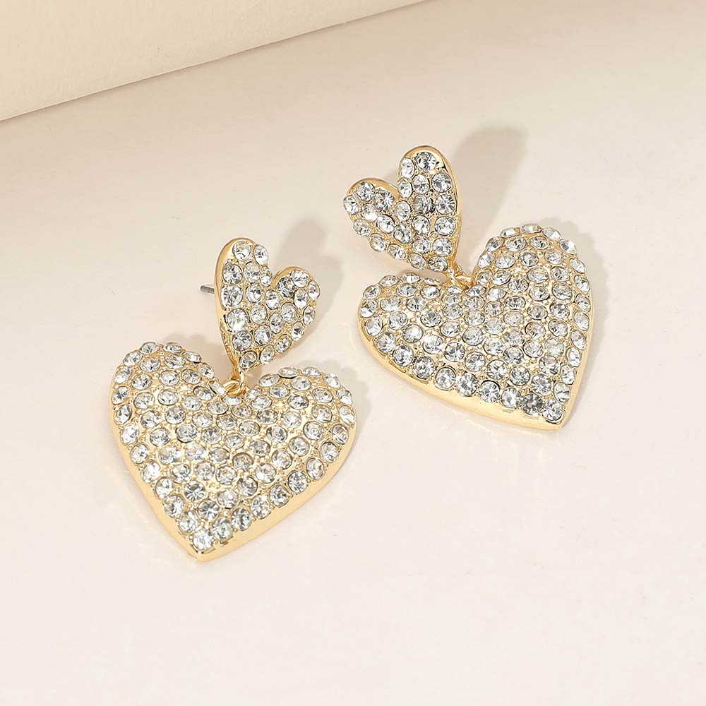 Gold Dipped Rhinestone Pave Double Heart Link Drop Earrings