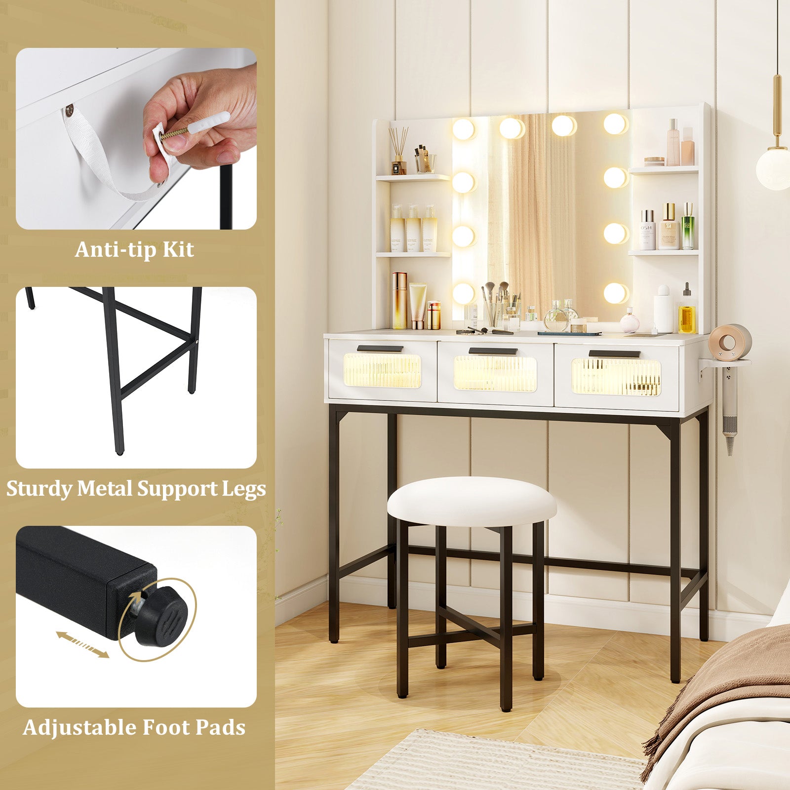 Bedroom Makeup Vanity Desk with Hollywood Mirror and Lights-White