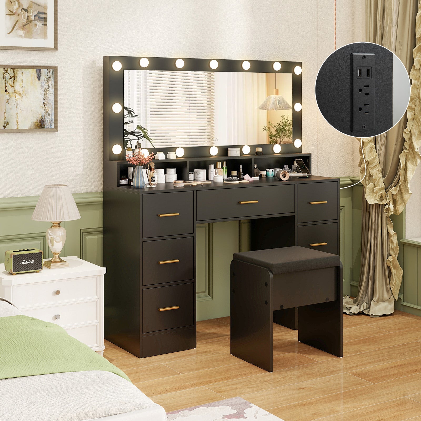 Makeup Vanity Desk with Mirror 3-Color LED Lights and Charging Station
