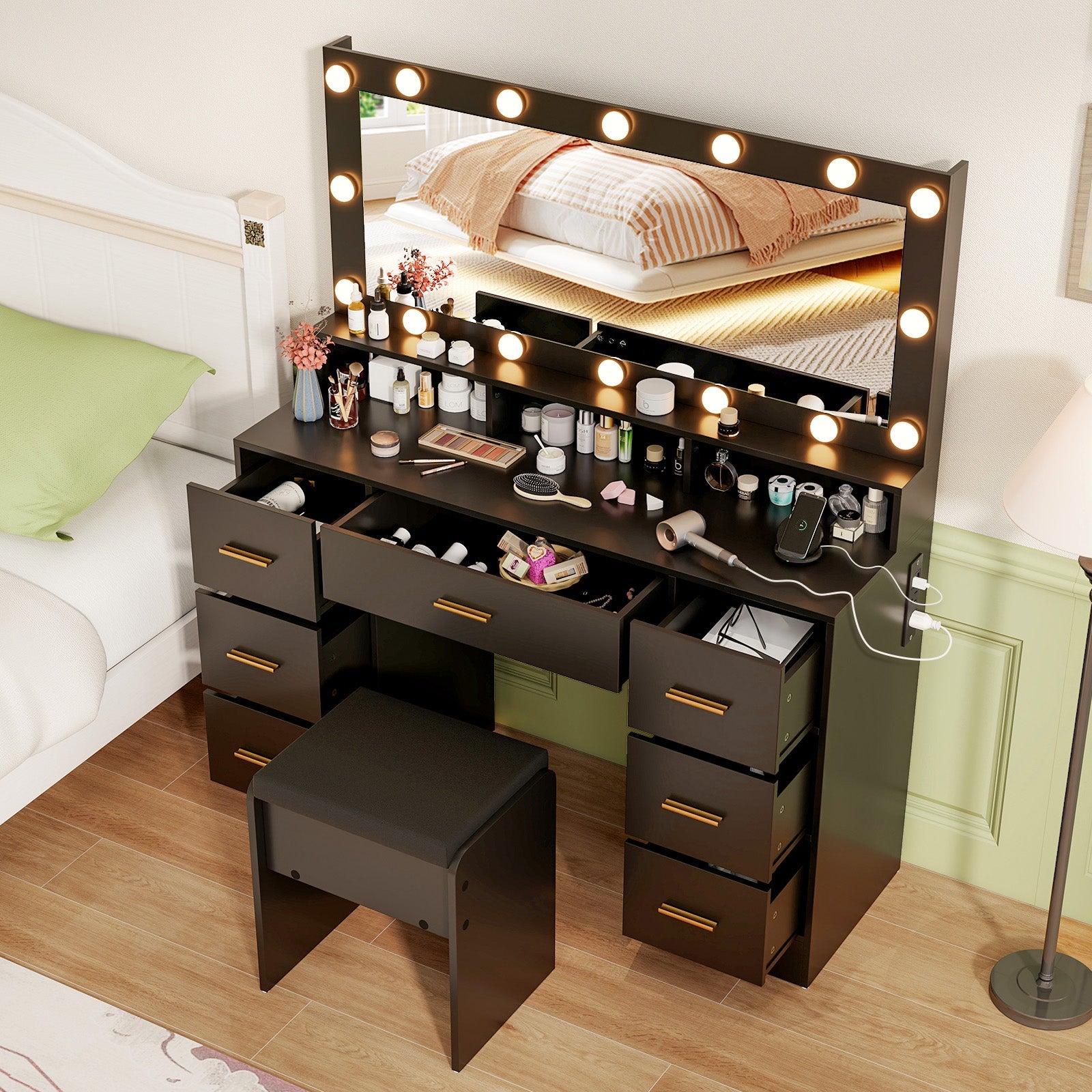 Makeup Vanity Desk with Mirror 3-Color LED Lights and Charging Station