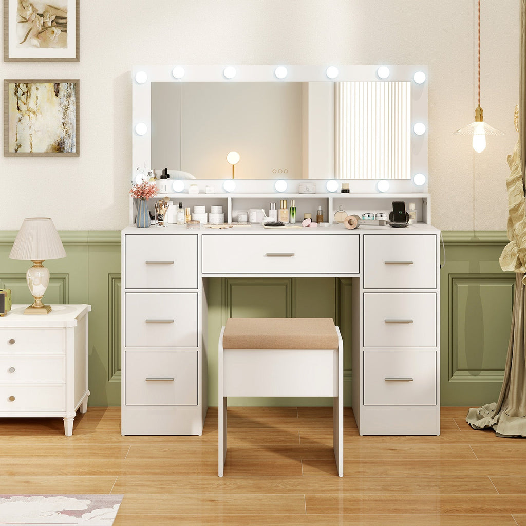 Makeup Vanity Desk with Mirror 3-Color LED Lights and Charging Station