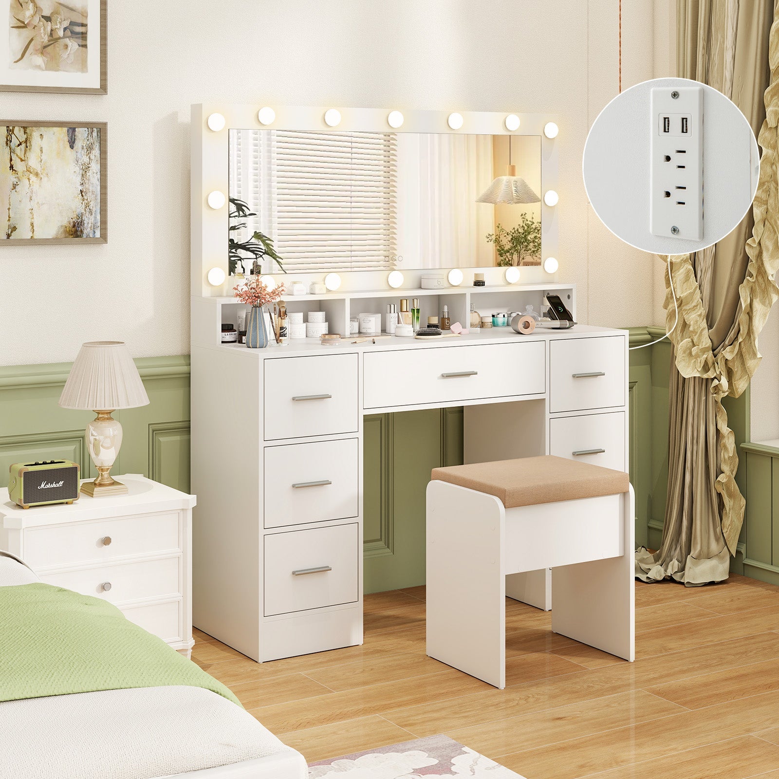 Makeup Vanity Desk with Mirror 3-Color LED Lights and Charging Station