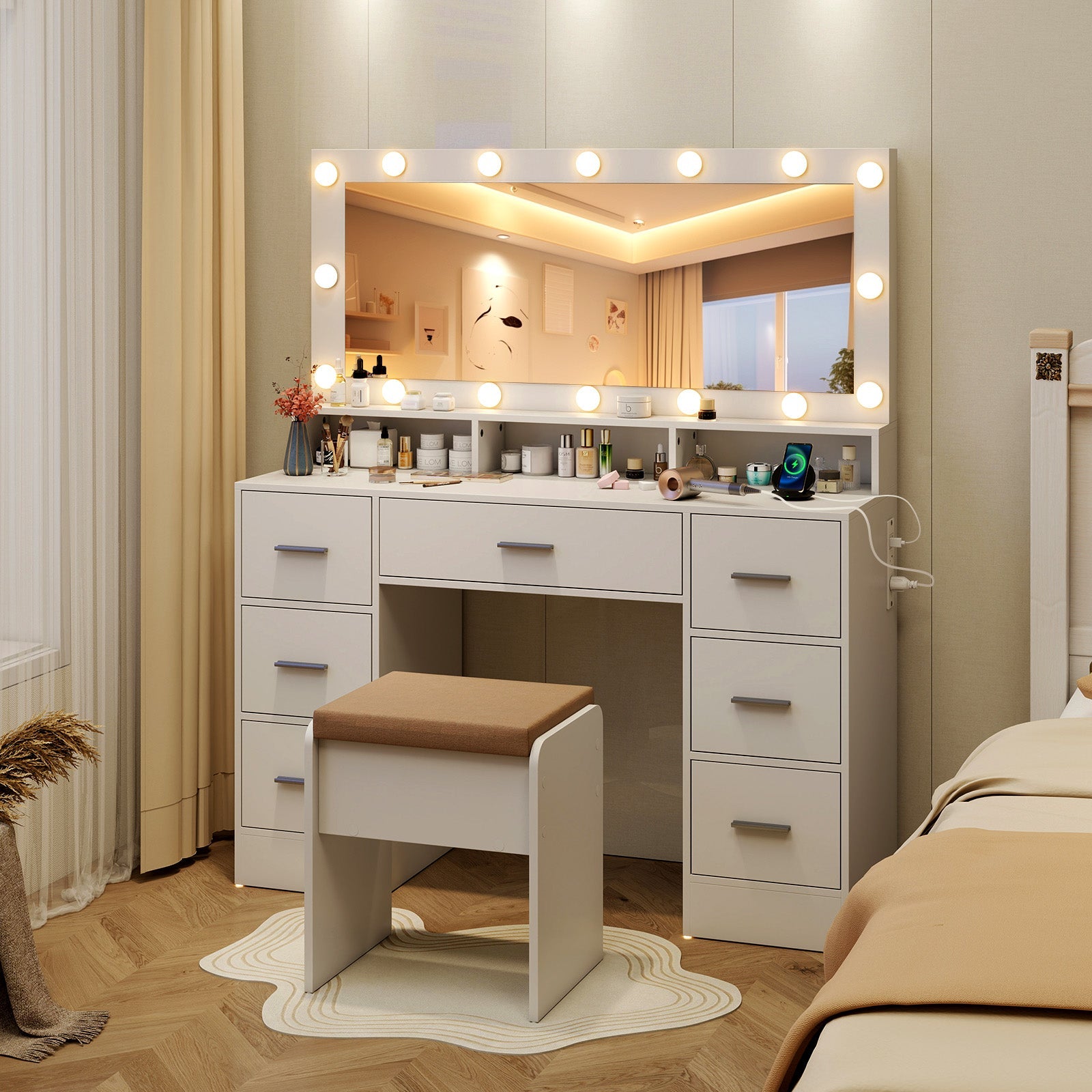 Makeup Vanity Desk with Mirror 3-Color LED Lights and Charging Station