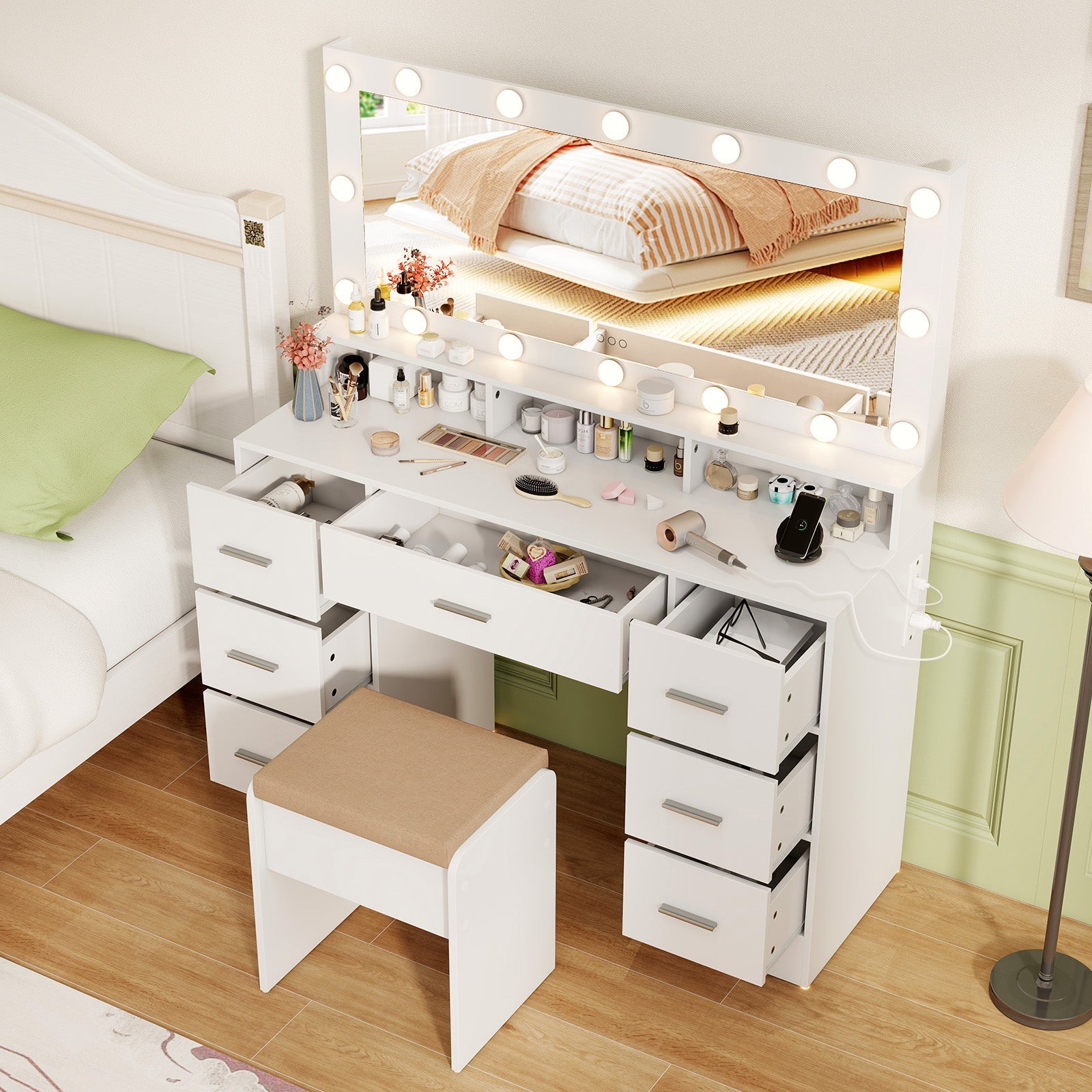 Makeup Vanity Desk with Mirror 3-Color LED Lights and Charging Station