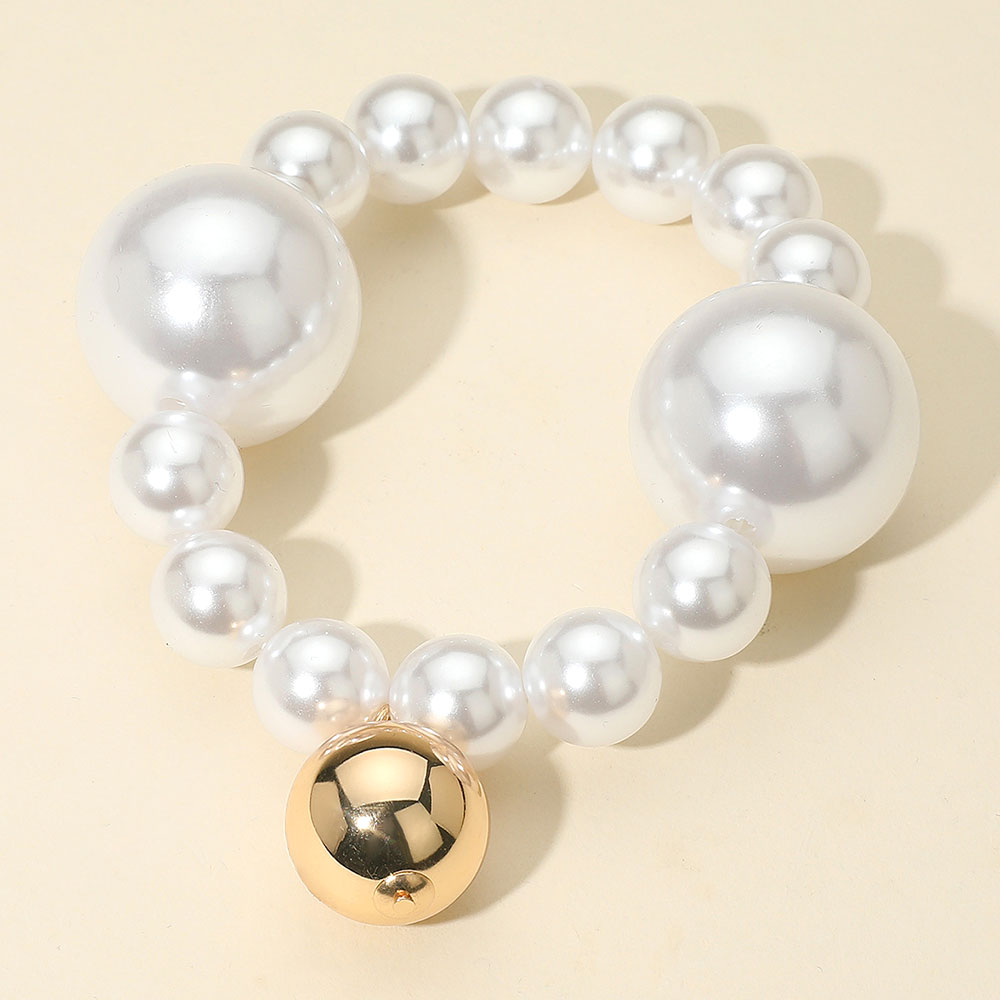 Bold Metal Ball Charm Pearl Beaded Stretch Bracelet
