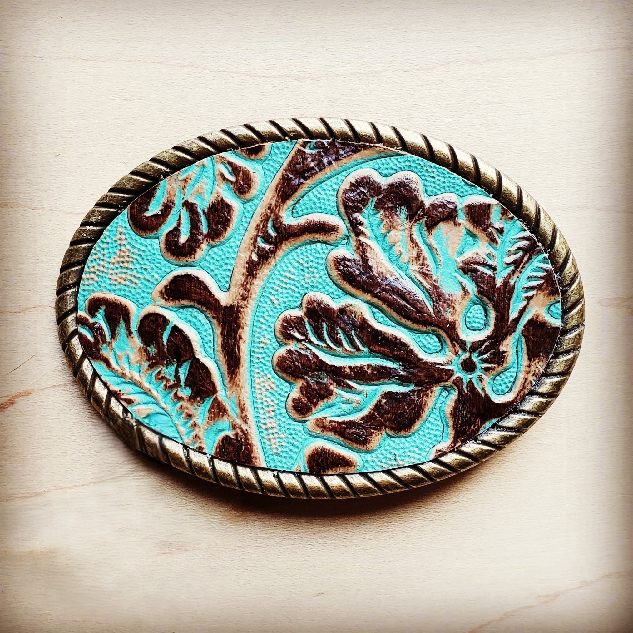 Rope Edge Cowboy Turquoise Leather Belt Buckle 901w