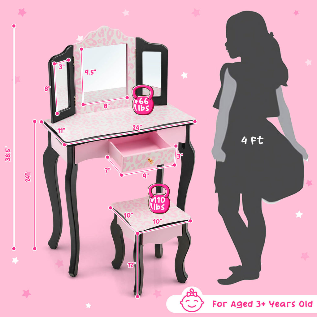 Kid Vanity Set with Tri-Folding Mirror and Leopard Print-Pink