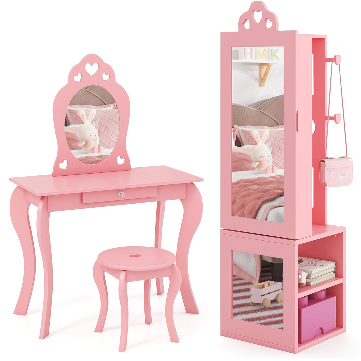 Princess Vanity Table and Stool Set Freestanding Jewelry Cabinet Armoire with Full-Length Mirror