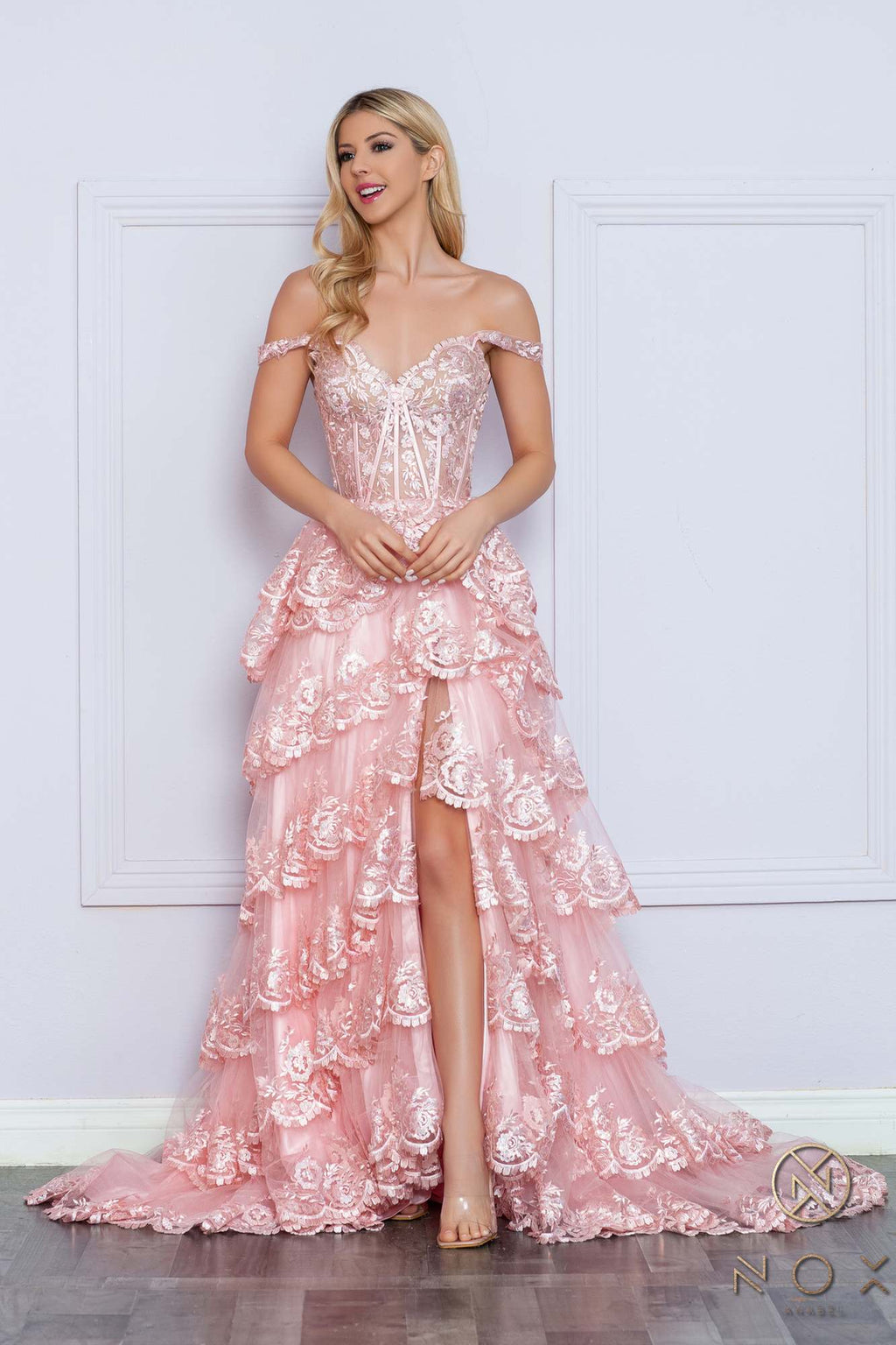 Nox Anabel R1299 Long Off the Shoulder Tiered Skirt A-Line Formal Gown