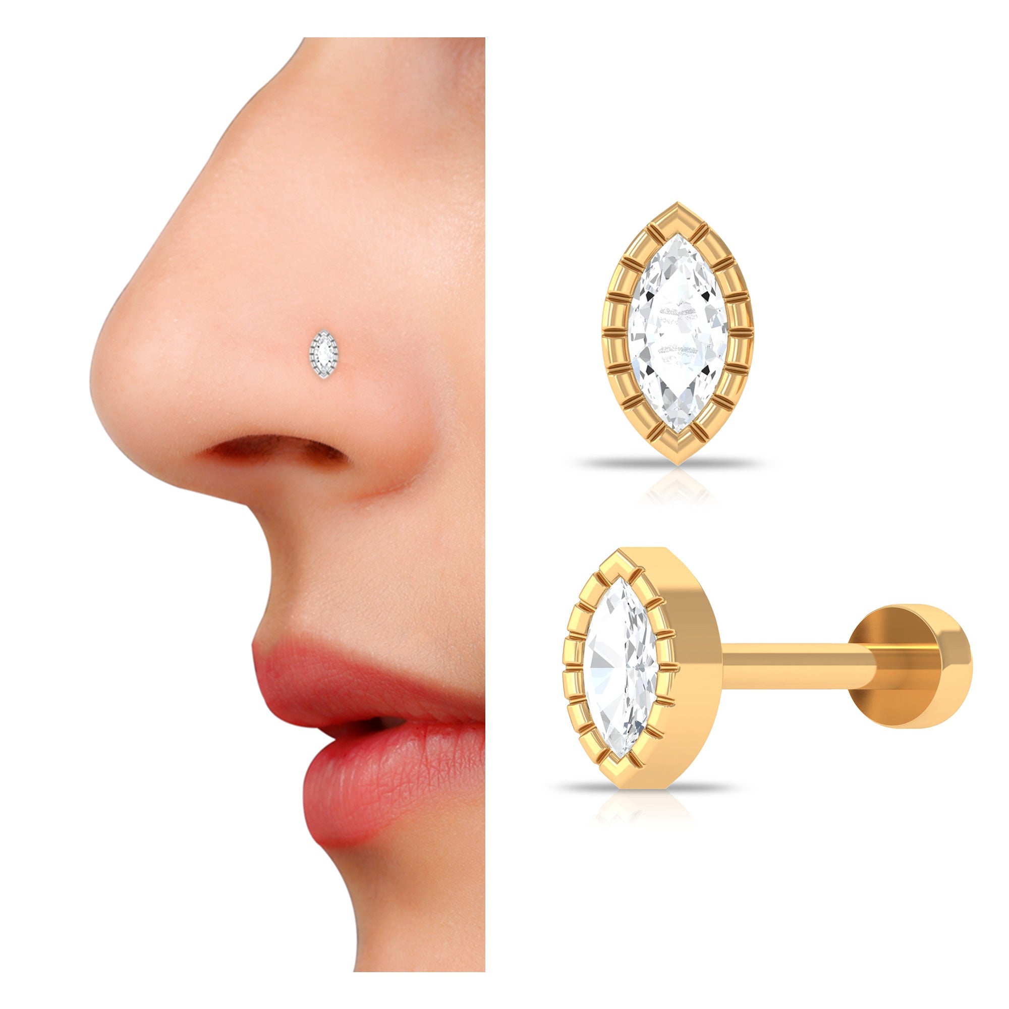 Marquise Diamond Simple Nose Stud in Bezel Setting
