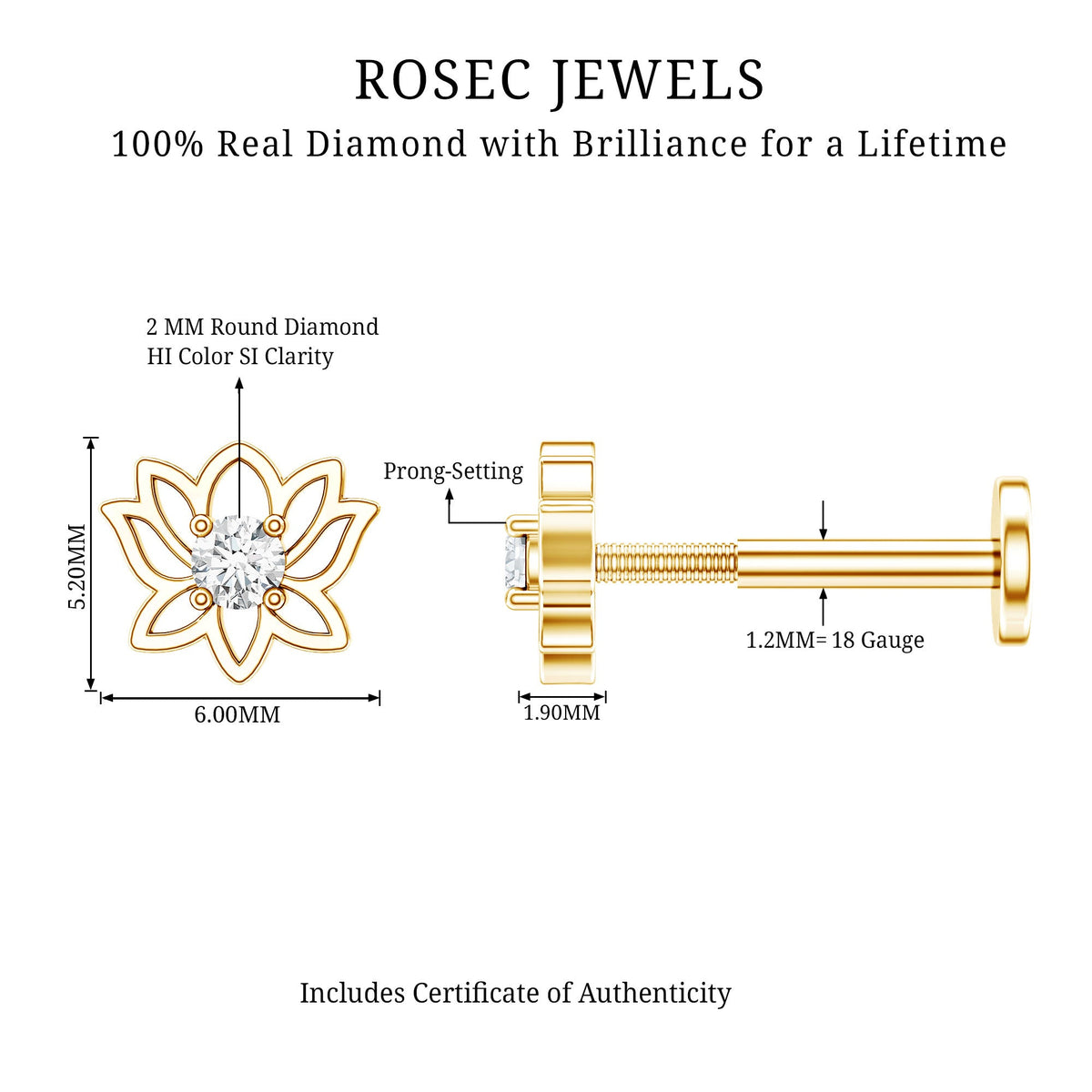 Nature Inspired Diamond Lotus Earring for Helix Piercing
