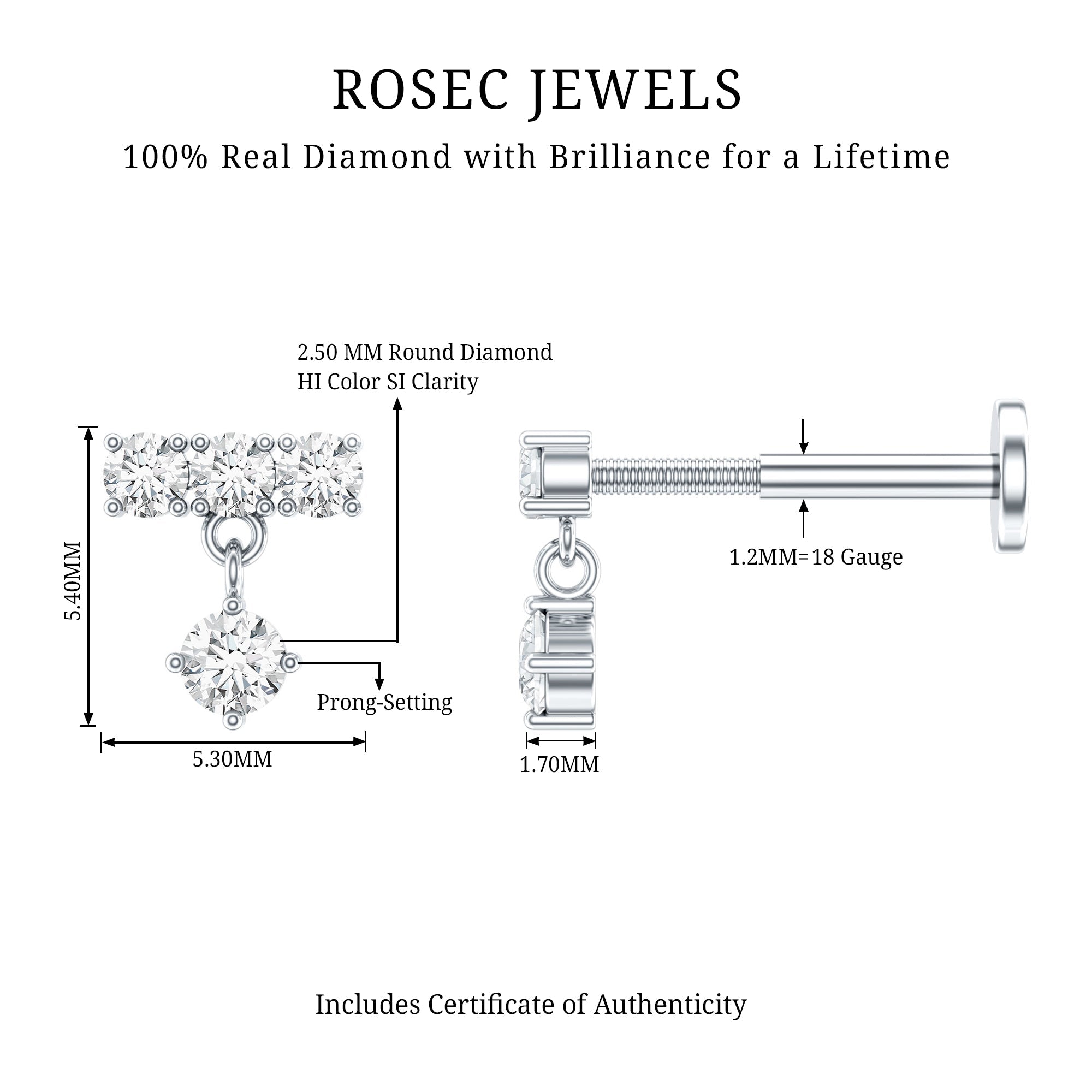 Womens Diamond Drop Earring for Helix Piercing