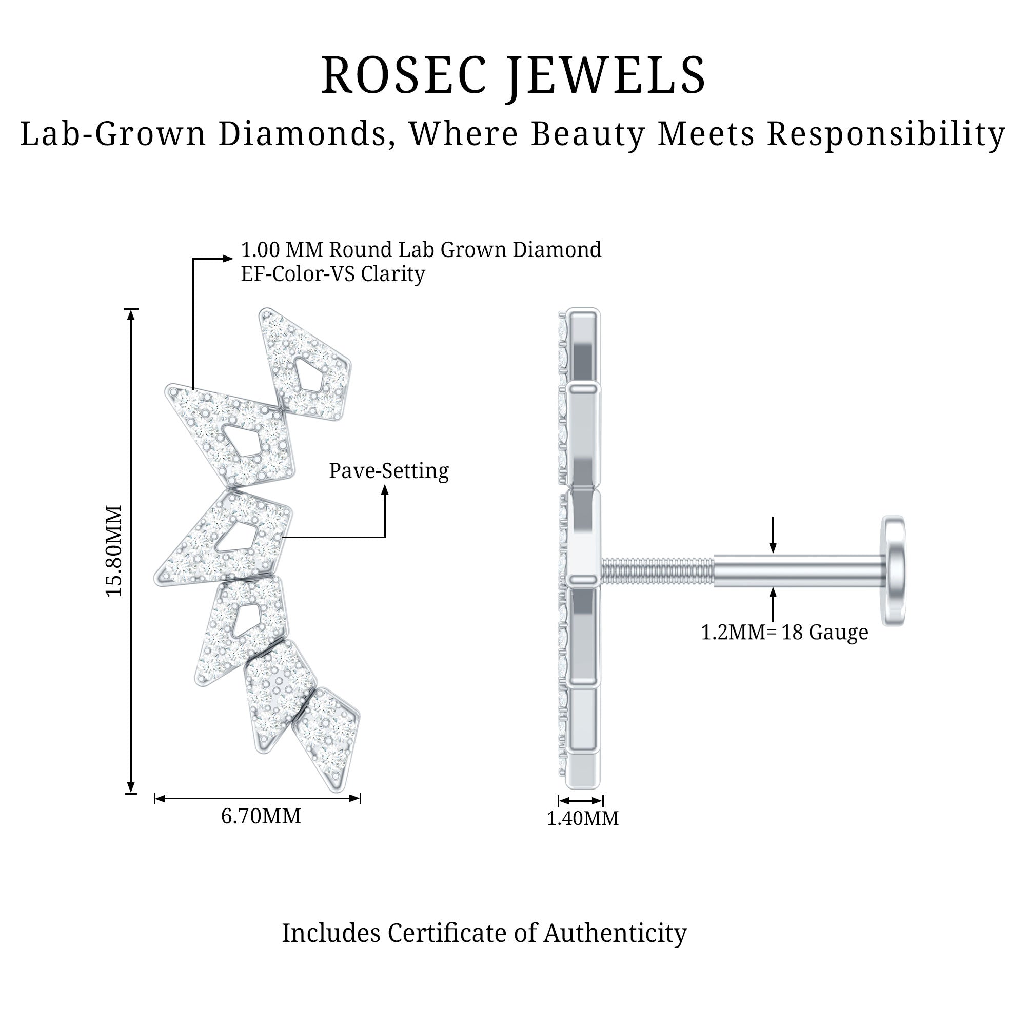 Designer Diamond Ear Crawler Earring for Helix Piercing