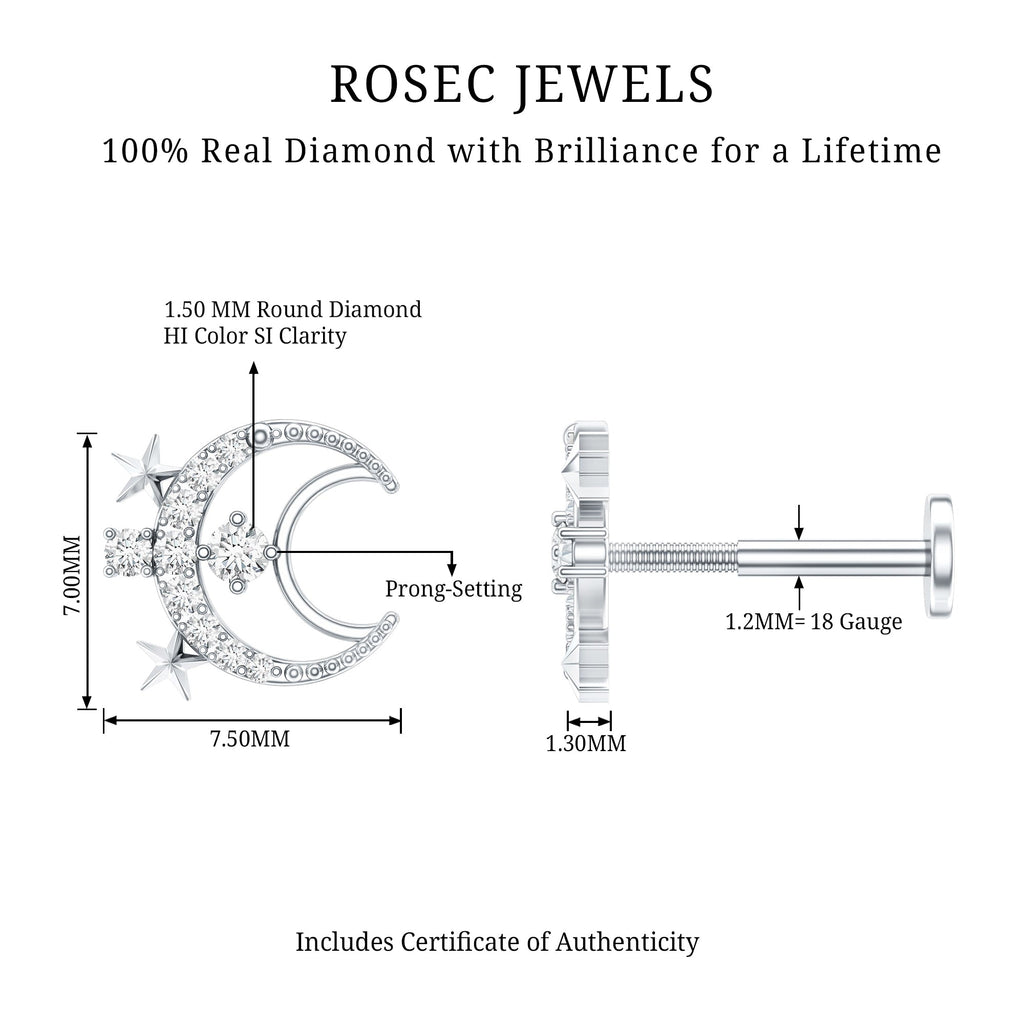 Diamond Star and Moon Earring for Helix Piercing