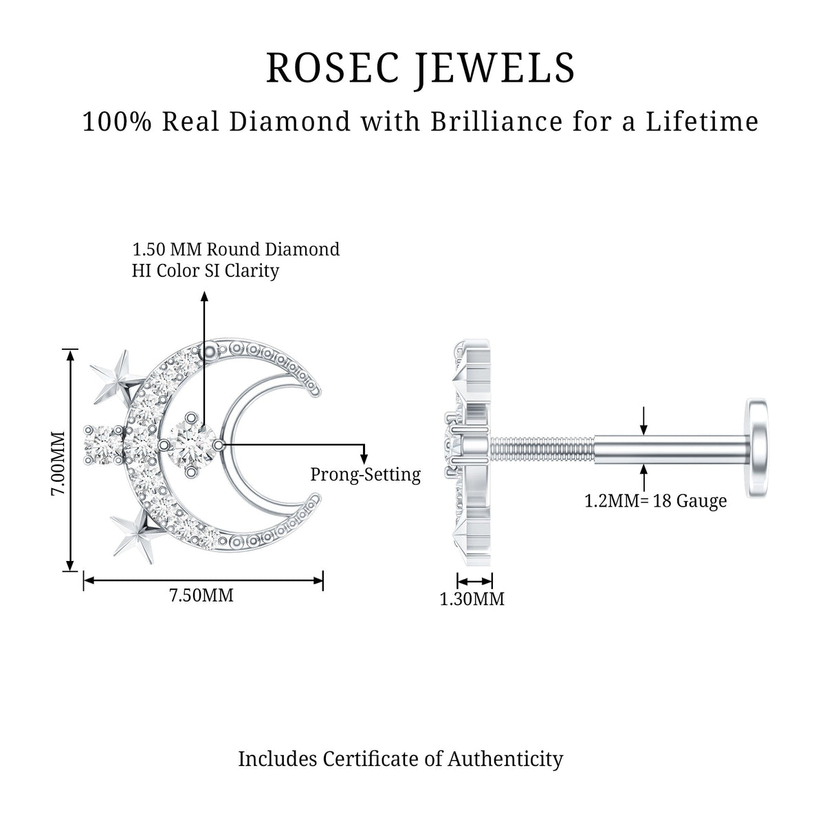 Diamond Star and Moon Earring for Helix Piercing