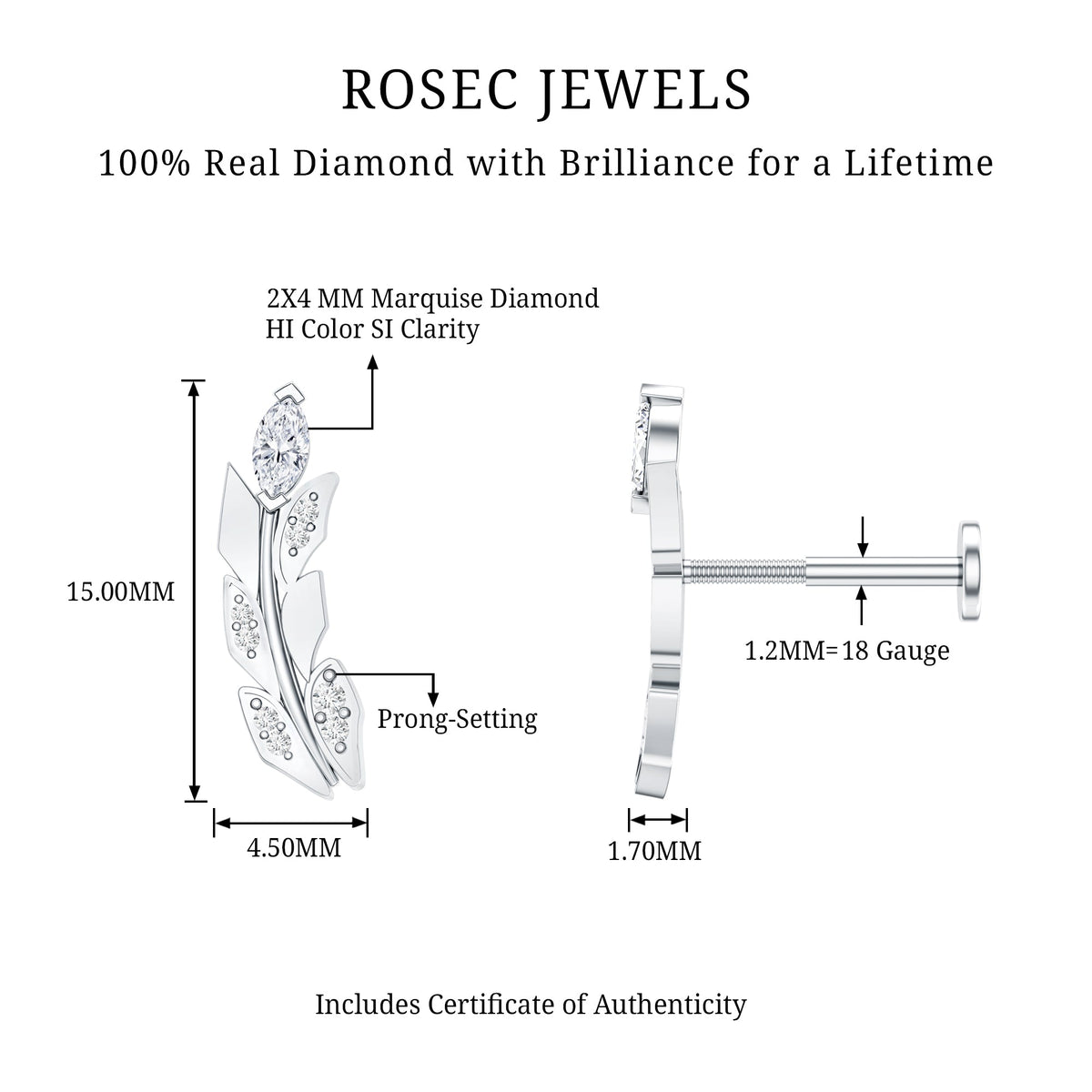 Diamond Leaf Crawler Earring for Helix Piercing