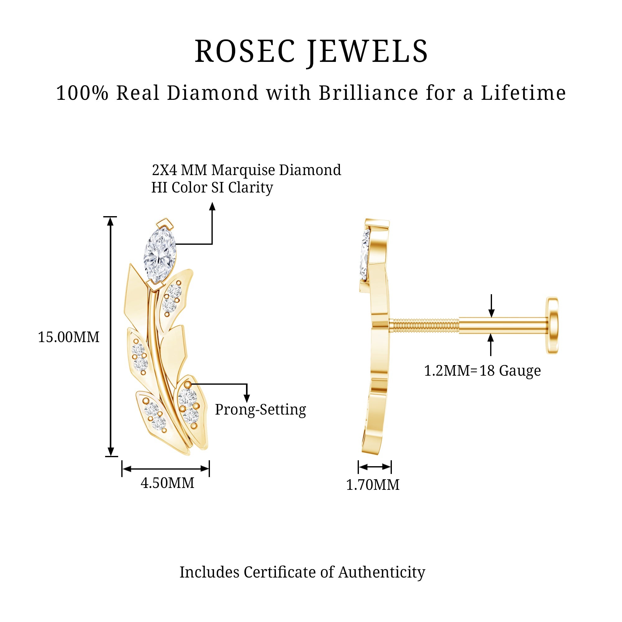 Diamond Leaf Crawler Earring for Helix Piercing