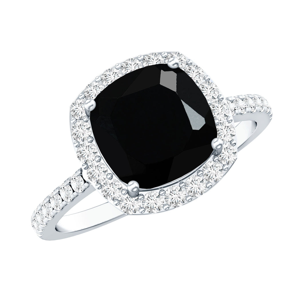 2.8 Carat Lab Grown Black Diamond Cushion Cut Engagement Ring with White Diamond Halo