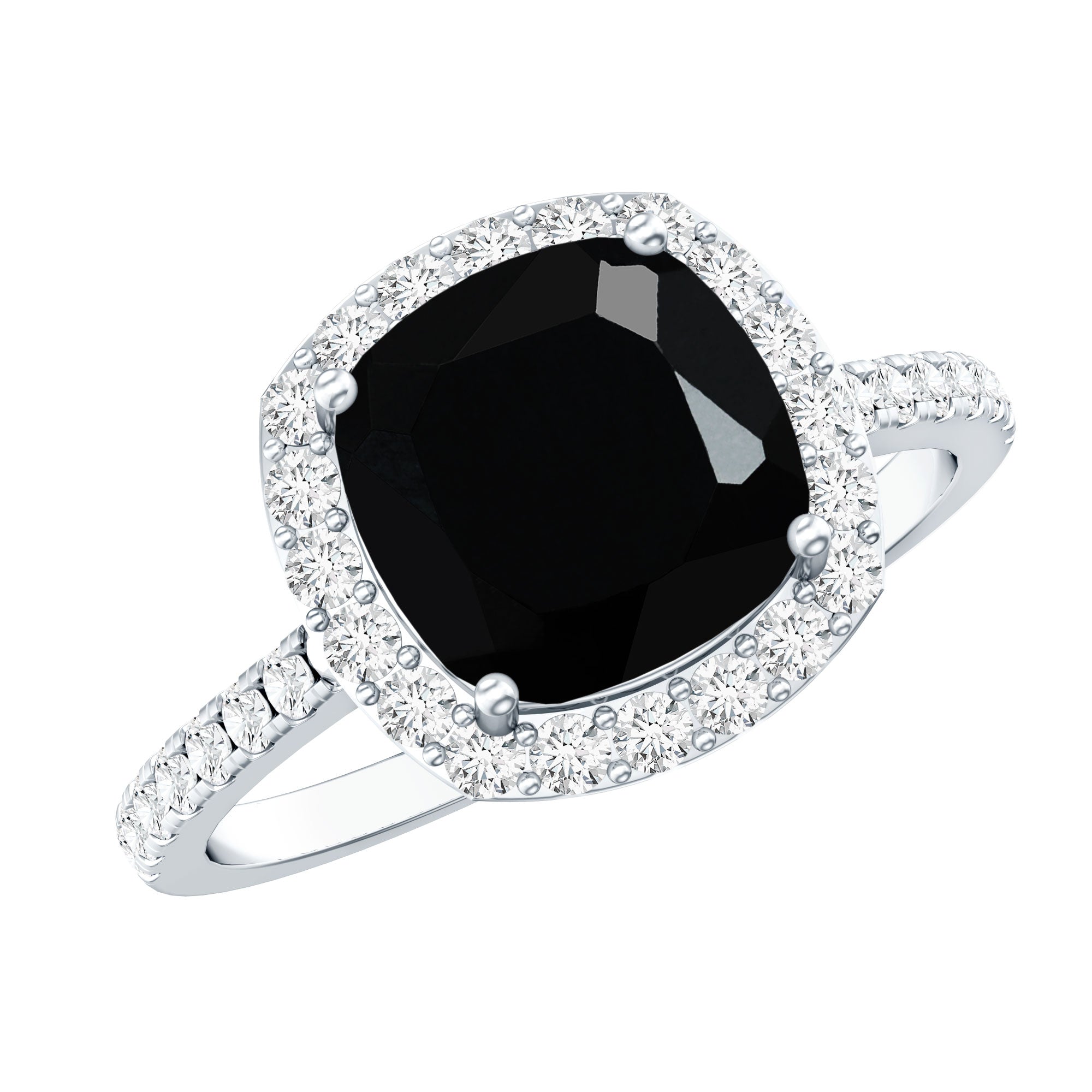 2.8 Carat Lab Grown Black Diamond Cushion Cut Engagement Ring with White Diamond Halo