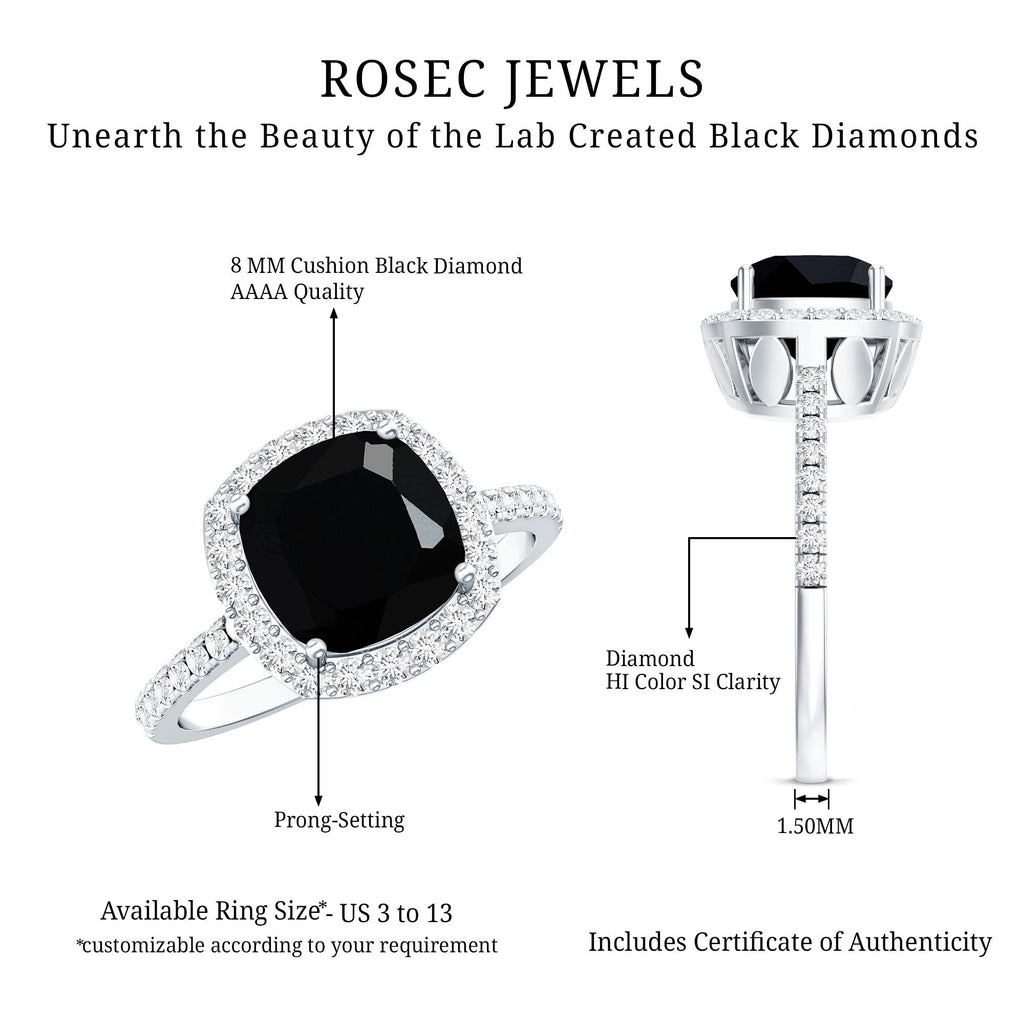 2.8 Carat Lab Grown Black Diamond Cushion Cut Engagement Ring with White Diamond Halo