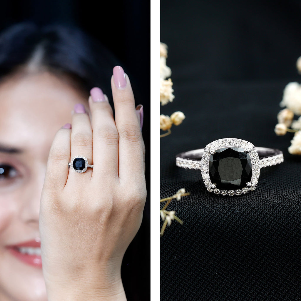 2.8 Carat Lab Grown Black Diamond Cushion Cut Engagement Ring with White Diamond Halo