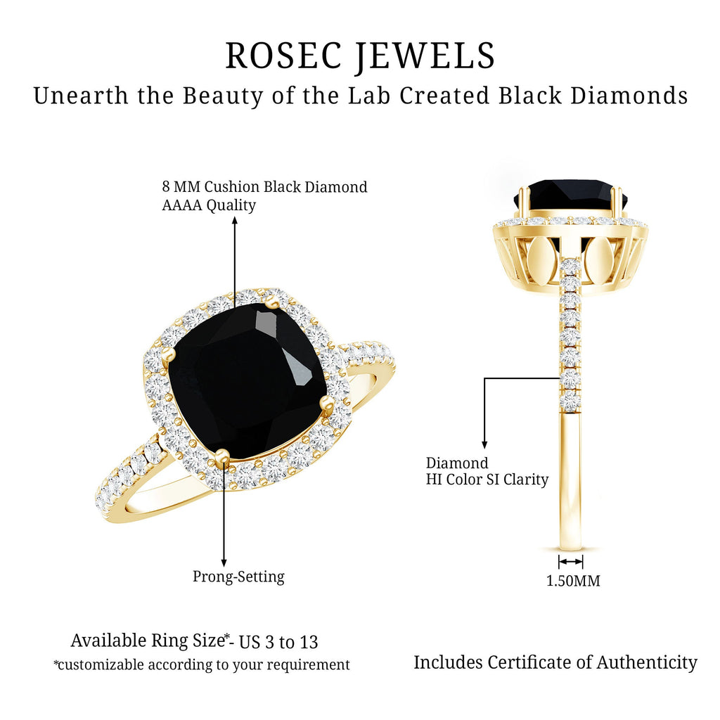 2.8 Carat Lab Grown Black Diamond Cushion Cut Engagement Ring with White Diamond Halo