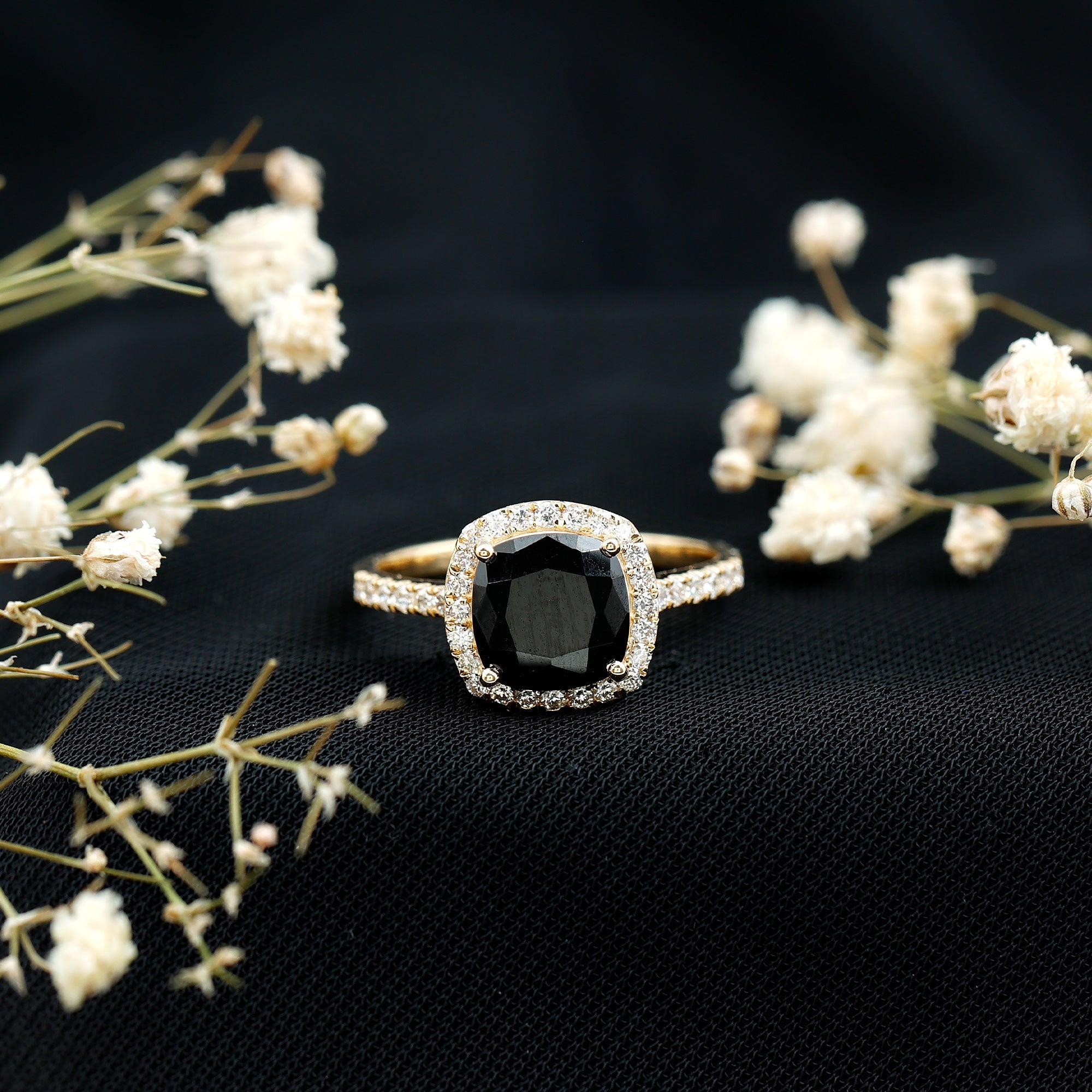 2.8 Carat Lab Grown Black Diamond Cushion Cut Engagement Ring with White Diamond Halo